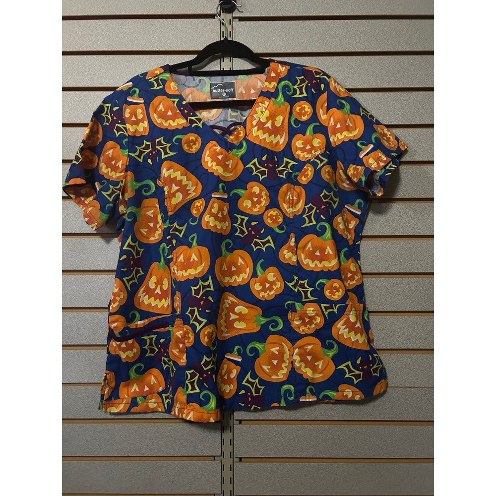 Butter-Soft Halloween Scrub Top XL Blue Jack-O-Lantern Bat V-Neck Uniform
